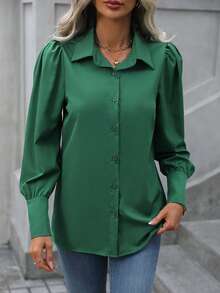 SHEIN Privé Solid Button Front Shirt - Green - View 4