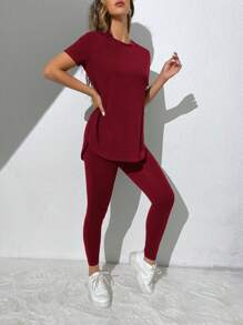 SHEIN Essnce Solid Split Hem Tee & Leggings - Burgundy - View 6