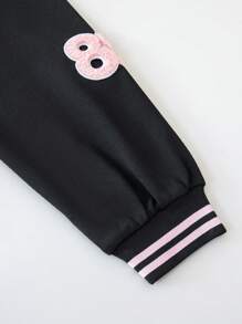 SHEIN Cô gái Tween Đồ họa Chữ cái Sọc trang trí áo có mũ Áo khoác Without Tee - màu đen - Xem 3