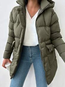EURMUSE Dual Pocket Puffer Coat - Dark Green - View 3