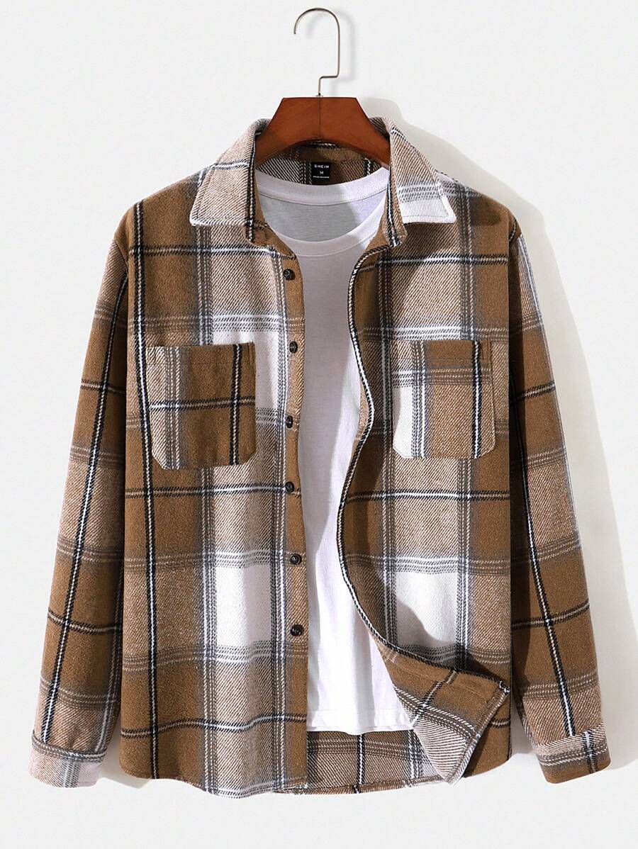 Manfinity Homme Men Plaid Dual Pocket Overcoat Without Tee - Khaki - View 1