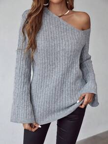 SHEIN LUNE Chất rắn Cổ không đối xứng Thả vai Áo len - Xám - Xem 6