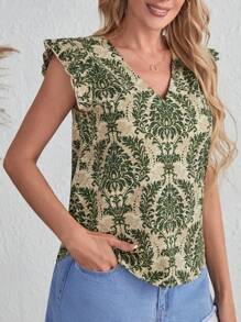 SHEIN LUNE Allover Print Ruffle Trim Blouse