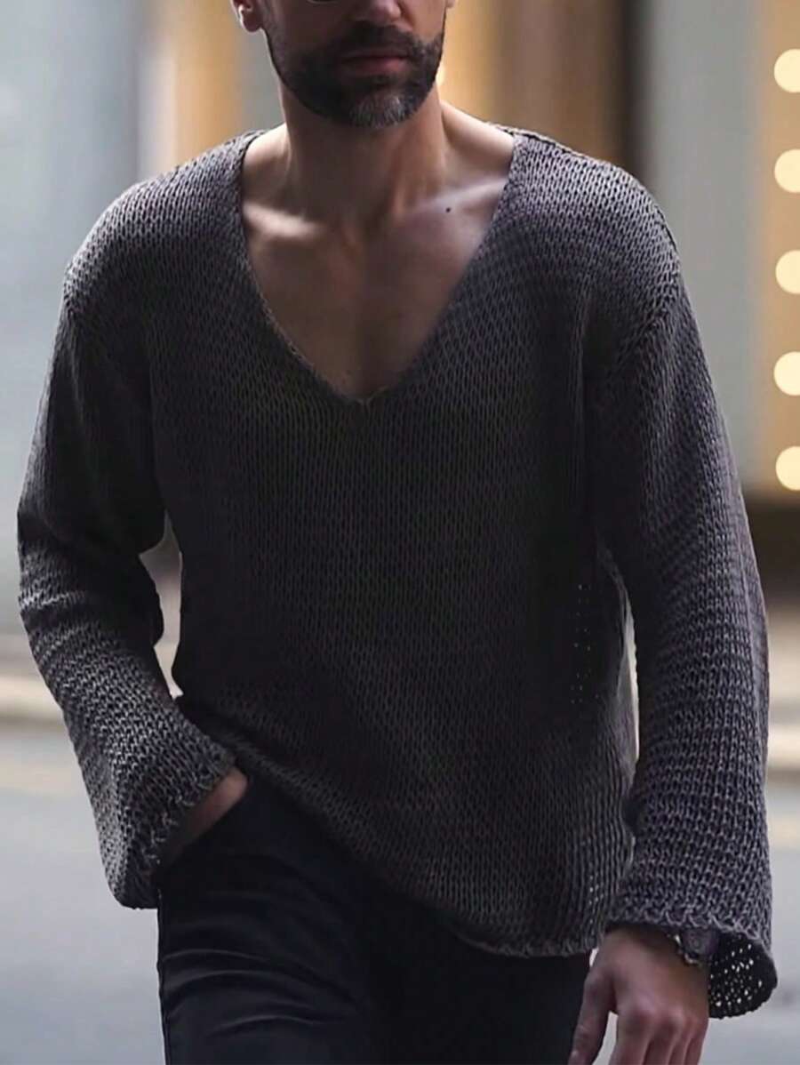 Men V Neck Drop Shoulder Sweater - Dusty Purple - View 1