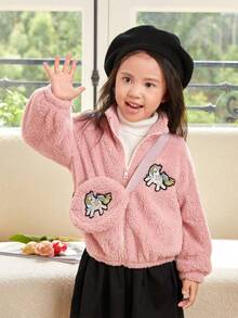 SHEIN 女小童獨角獸刺繡落肩袖毛絨夾克附包 - 淺粉色 - 查看 5
