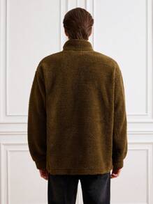 RueChic Men Flap Pocket Drop Shoulder Teddy Coat - Olive Green - View 2