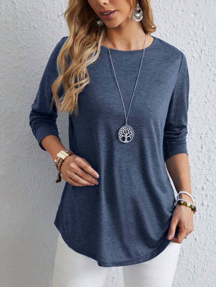 Women's Casual Solid Color Button Back Curved Hem T-Shirt Women Long Sleeve Tops Grey Tops For Women Gray Blouse Women Solid Color T Shirt Tops Women Women Women's Fall Clothes