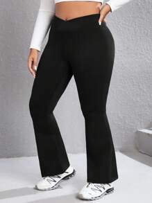 SHEIN EZwear Plus Solid Flare Leg Pants - Black - View 6