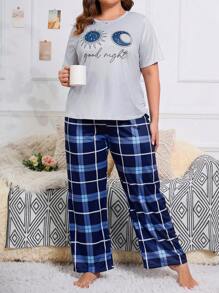 Plus Sun & Moon Print Tee & Plaid Print Pants PJ Set - Multicolor - View 5