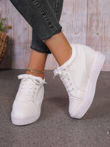 Damskie buty casualowe na wiosnę/jesień, buty skórzane w jednolitym kolorze, lekkie i wygodne, mokasyny na platformie z cienkim paskiem i koturnem - Biały - Zobacz 6