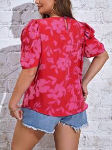 SHEIN Privé 大碼印花泡泡袖襯衫