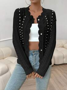 SHEIN Privé Pearls Beaded Pointelle Knit Cardigan - Black - View 1