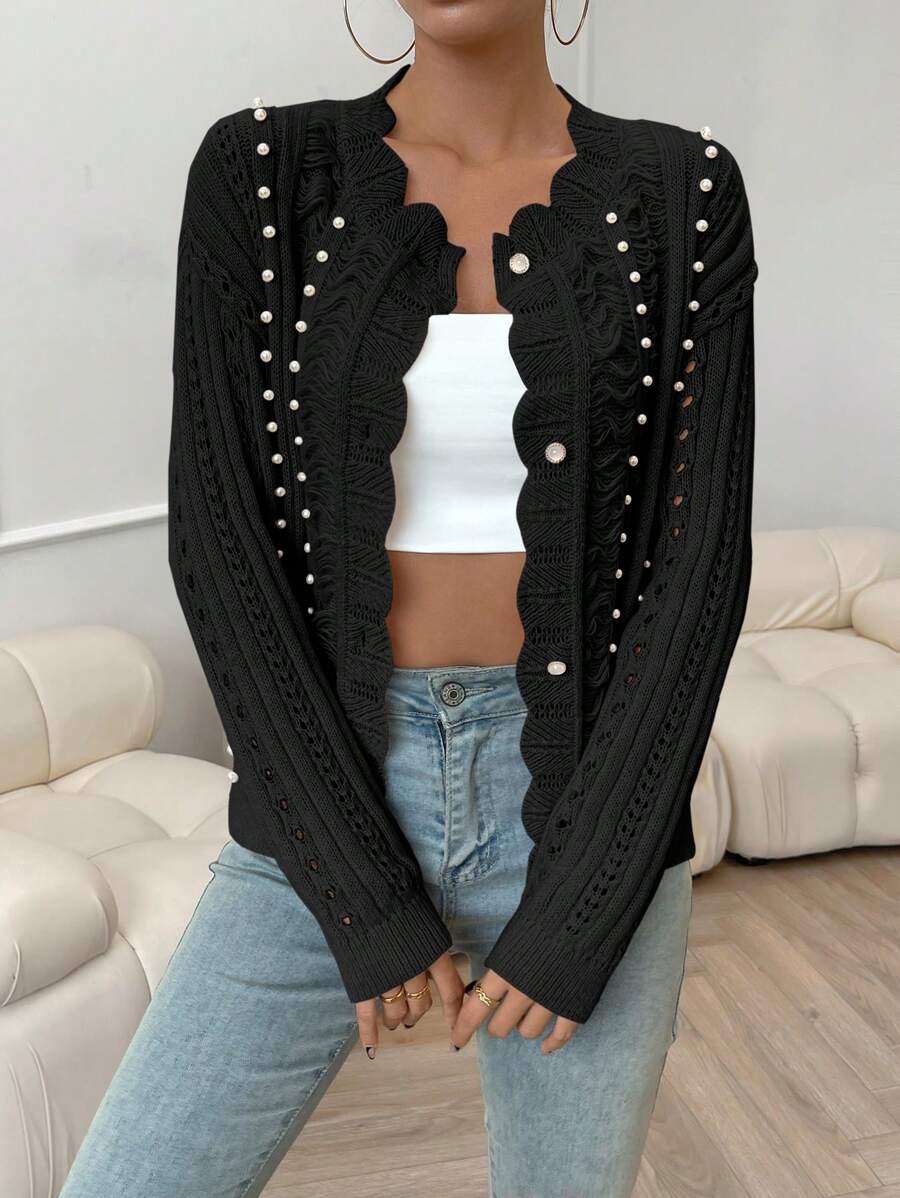 SHEIN Privé Pearls Beaded Pointelle Knit Cardigan - Black - View 1