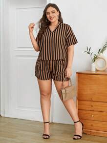 SHEIN Essnce Hơn In sọc Thả vai Áo & quần short - màu nâu - Xem 4