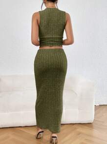 SHEIN Essnce Chất rắn Crop Tank Top & Váy bút chì - xanh quân đội - Xem 2