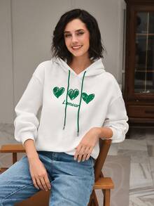SHEIN Frenchy Heart & Letter Graphic Drop Shoulder Drawstring Hoodie - White - View 8