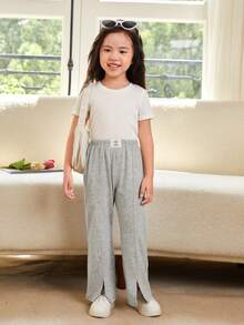 SHEIN 女小童2入組字母補丁細節下擺開叉喇叭褲 - 彩色 - 查看 7