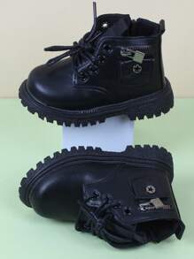 Infant Lace-up & Zipper Design Mini Lock Decor Boots - Black - View 3