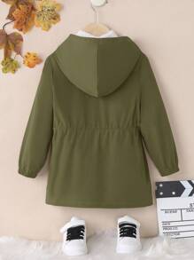 SHEIN Young Boy Letter Patched Drawstring Waist Dual Pocket Hooded Coat Without Tee - Army Green - View 2