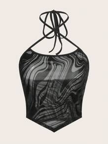 SHEIN Sweetina Zebra Striped Crisscross Tie Backless Crop Mesh Halter Top - Black - View 1