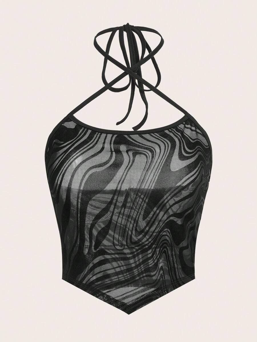 SHEIN Sweetina Zebra Striped Crisscross Tie Backless Crop Mesh Halter Top - Black - View 1