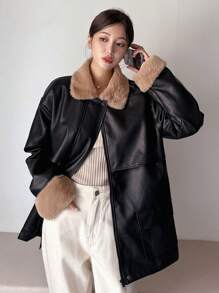DAZY Chaqueta de PU gruesa y holgada con cinturón y cuello de piel sintética de estilo patchwork, abrigo casual de otoño/invierno para mujer - Negro - Ver 3