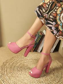 Sandale de damă cu toc înalt, stil versatil - Roz fierbinte - Vizualizare 5