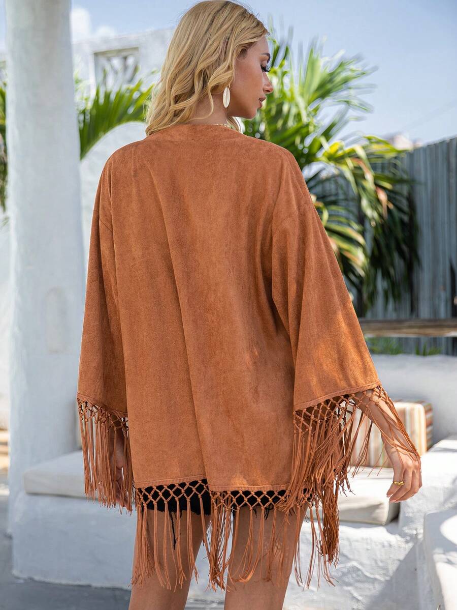 SHEIN VCAY 1入組流蘇邊開門襟蝙蝠袖外套 - 棕色 - 查看 1