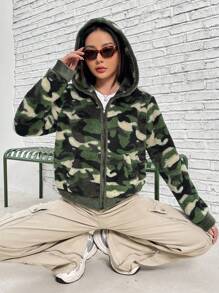 SHEIN Coolane Camo Print Zip Up Hooded Teddy Jacket - Army Green - View 6