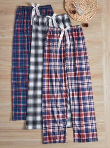3件套格子印花蝴蝶结前开襟睡衣裤，秋冬服装 - 彩色 - 查看 4