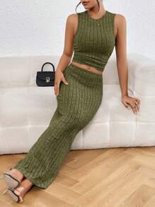 SHEIN Essnce Chất rắn Crop Tank Top & Váy bút chì - xanh quân đội - Xem 5