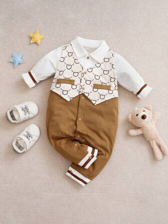 Yierying 男嬰卡通圖案條紋飾邊二合一連身褲