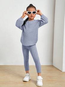 SHEIN Young Girl Drop Shoulder Ribbed Knit Tee & Leggings