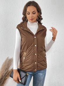 SHEIN LUNE 1 件带盖口袋按扣纽扣绗缝背心夹棉外套 - 摩卡棕 - 查看 4