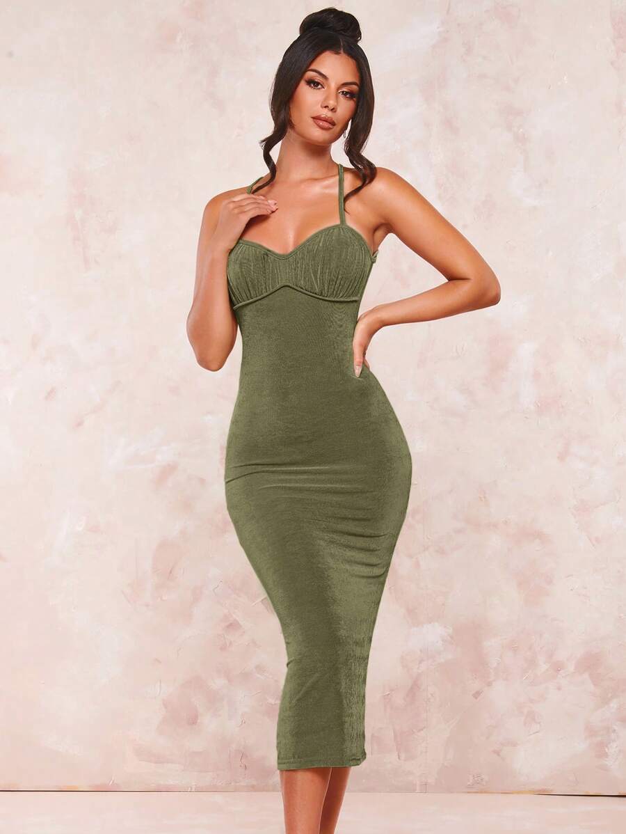 SHEIN BAE Solid Criss Cross Backless Cami Dress - Army Green - View 1