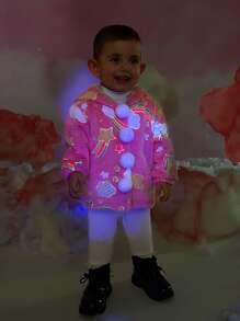 Baby Girl Rainbow Pattern Hooded Teddy Jacket - Pink - View 1