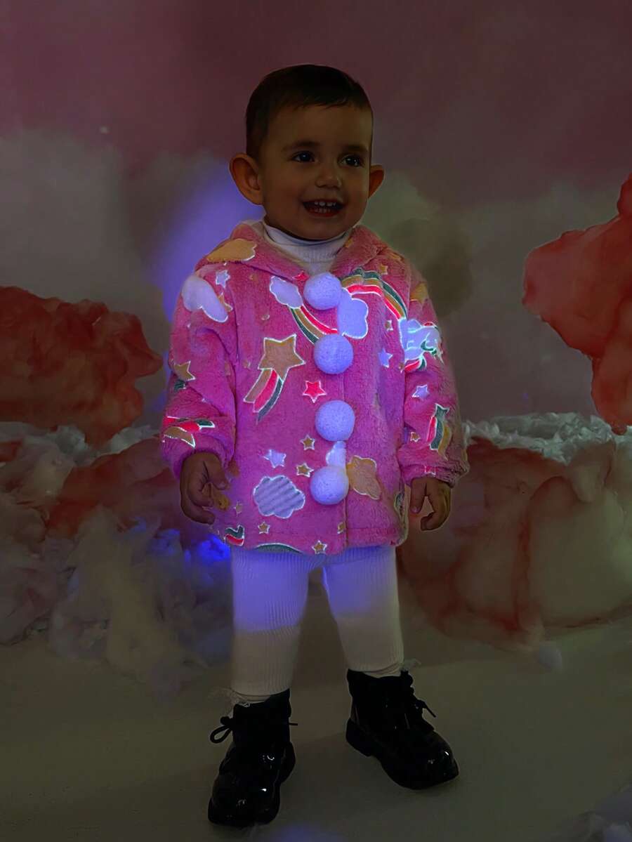 Baby Girl Rainbow Pattern Hooded Teddy Jacket - Pink - View 1