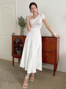 DAZY 纯色高腰喇叭裙 - 白色 - 查看 4