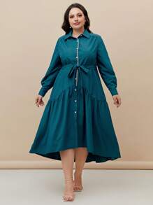 Mulvari 大碼拼接邊腰帶襯衫洋裝 - 水鴨藍 - 查看 2