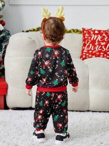 SHEIN Baby Boy Christmas Printed Color Block Sweatshirt & Jogger Pants Set
