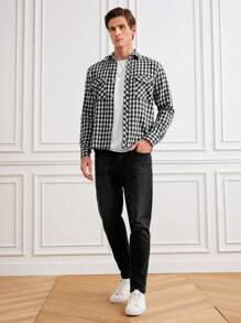 SHEIN Cottnline Men Gingham Print Flap Pocket Shirt - Black and White - View 4
