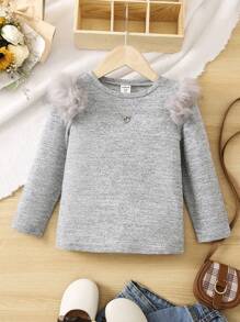 SHEIN Young Girl Fuzzy Trim Tee - Grey - View 1