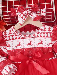 Baby Girl Geo Print Ruffle Trim Mesh Hem Belted Dress With Headband - Red and White - View 7