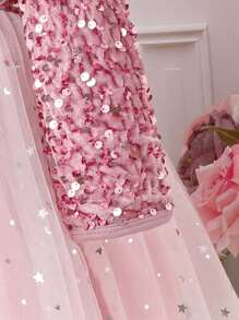 SHEIN Glamorique Kids Young Girl Contrast Sequin Mesh Hem Dress - Pink - View 4