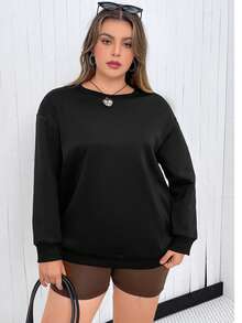 Flirla 大碼雙色翅膀印花落肩袖運動衫 - 黑色 - 查看 4