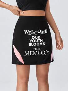 SHEINNeu Slogan Graphic Contrast Panel Skirt - Black - View 5