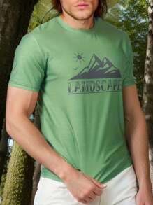 Manfinity Sport Corelite 男士山和字母圖案戶外T恤 - 綠色 - 查看 4