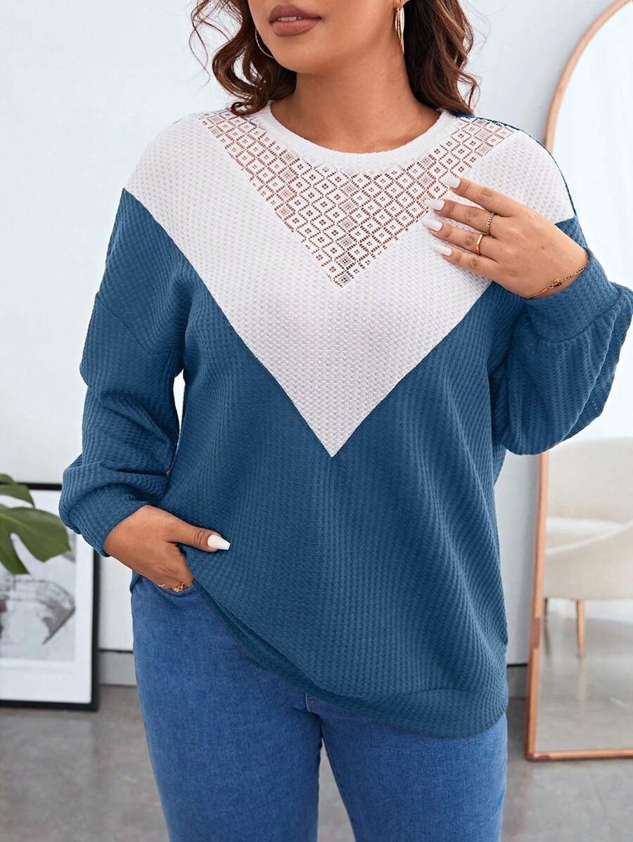 SHEIN Essnce Hơn Khối màu Ren tương phản Thả vai Áo nỉ - Màu xanh bụi bặm - Xem 1