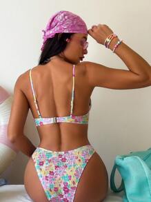 Swim Mod Summer Beach Floral Print Smocked Underwire Bikini Set - Multicolor - View 2