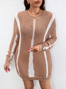 SHEIN LUNE Talla grande Jersey de color combinado de hombros caídos desgarro